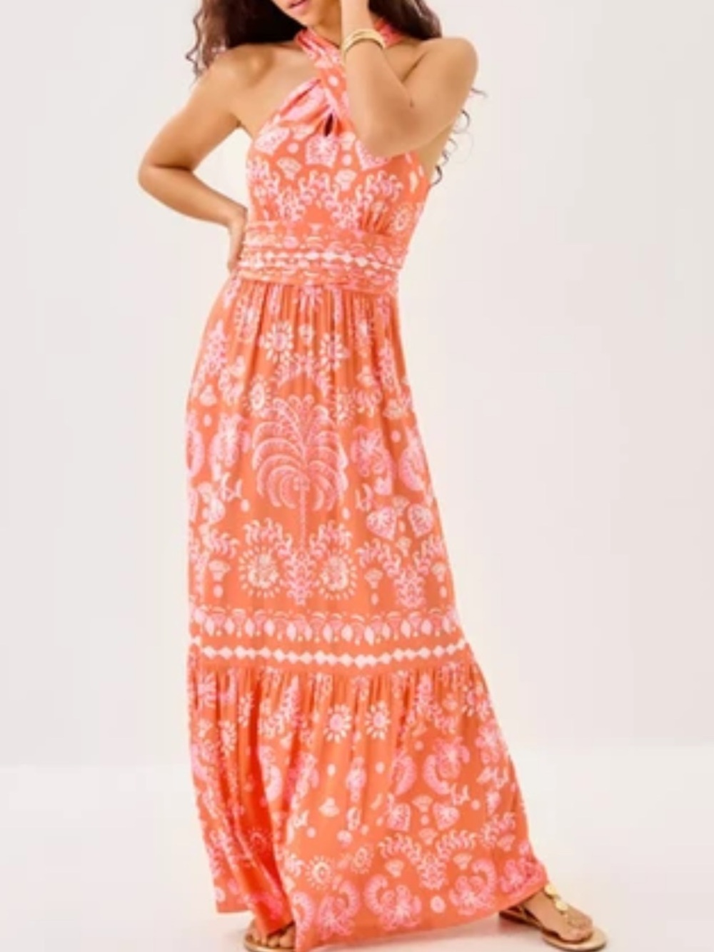 NWT Lilly Pulitzer Sz XS Montecito Halter Maxi Dress Papaya Breezy Palm
